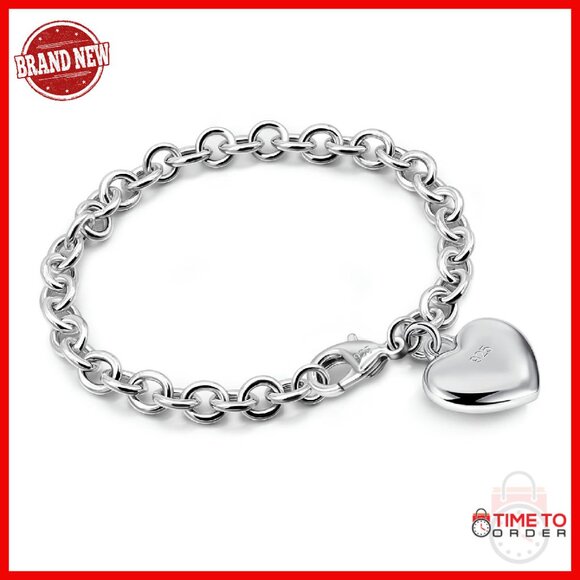 925 Sterling Silver Cable Chain Bracelet with Heart Pendant Lobster Clasp
